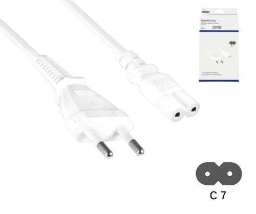 Cavo di alimentazione spina Euro tipo C a C7, 0,75 mm², spina Euro/IEC 60320-C7, VDE, bianco, scatola DINIC con foro Euro, lunghezza 2,00m